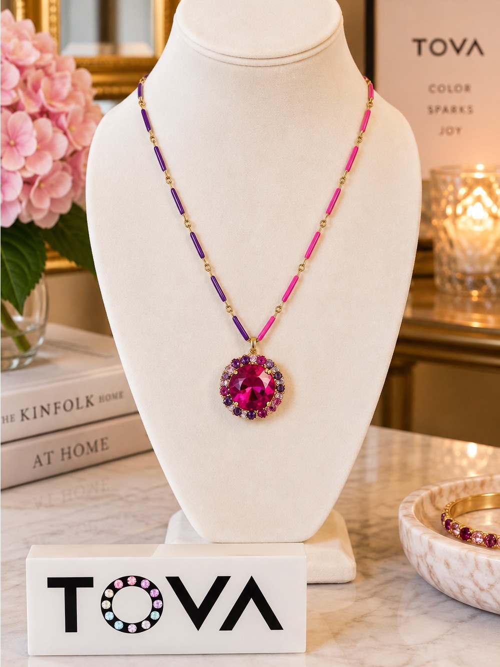Tova magenta mixed outer Crystal Stone on a delicate gold enamel mixed chain